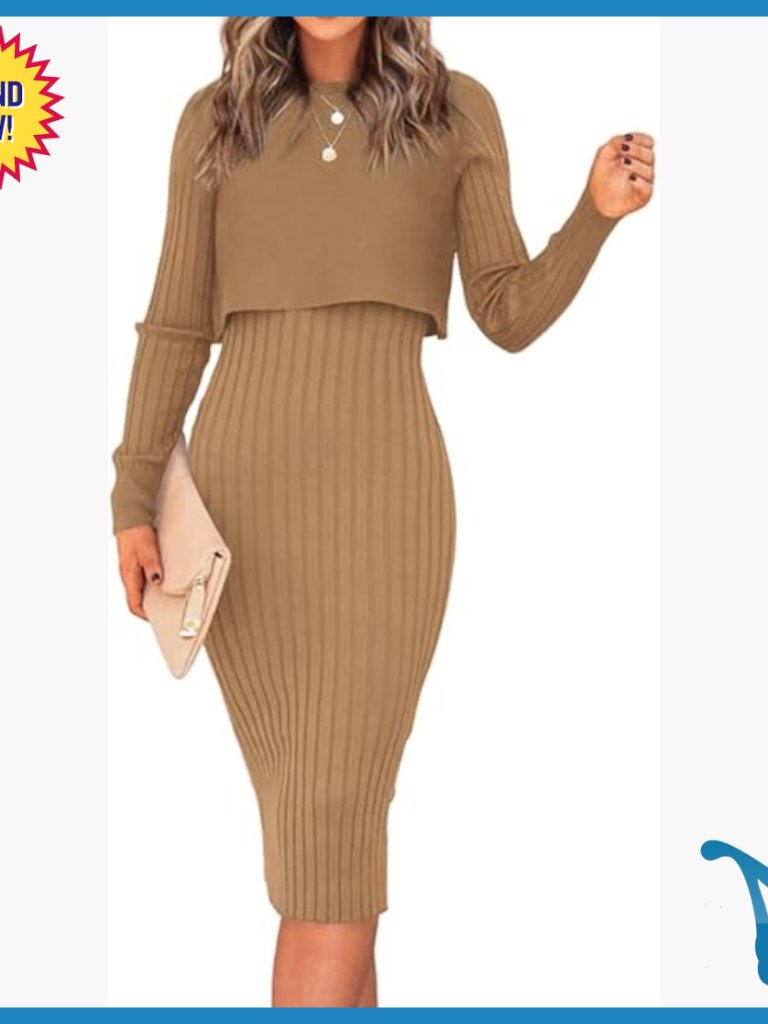 Long Sleeve Crop Top And Bodycon Midi Dress 2-Piece Set Ribbed Knit